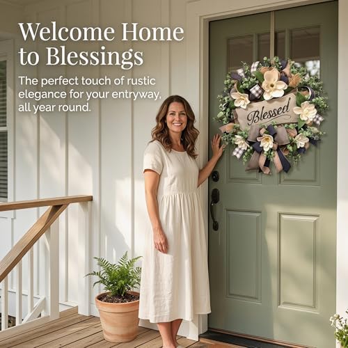Spring Summer Wreath for Front Door,Farmhouse White Floral Porch Decor - Image 7