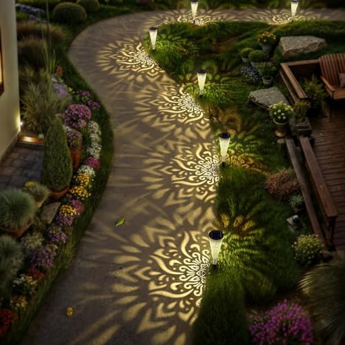 gardencave 6 Pack Solar Lights Outdoor Garden Decorative Mandala Solar Garden Lights with Warm Light Waterproof Solar Pathway Landscape Light for Path Patio Backyard Walkway Yard Decor (White) - Image 4