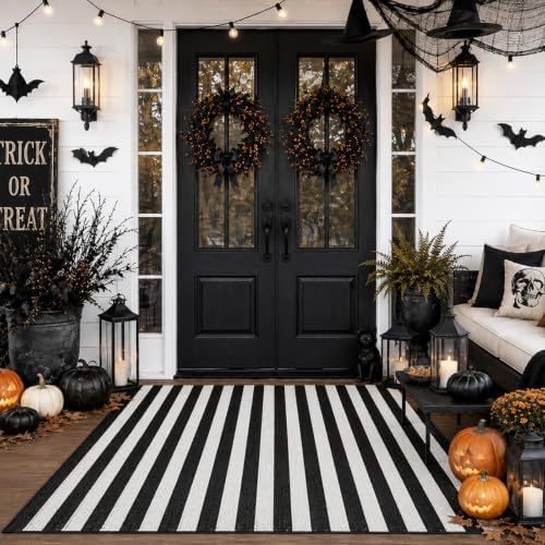 Moucuny Halloween Black and White Vertical Stripe Outdoor Rug 3' X 5' - Image 5