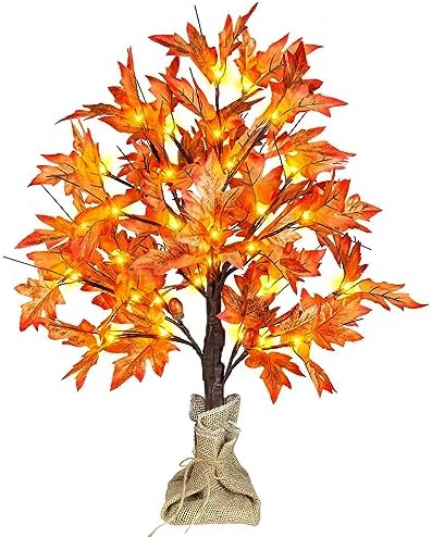 24 Inch Lighted Maple Tree with 36 Lights, 72 Leaves, 6 Acorn, Timer Battery Operated Tabletop Artificial Fall Tree for Thanksgiving Harvest Home Decor, Fall Table Centerpiece Decorations by TiYiViRi