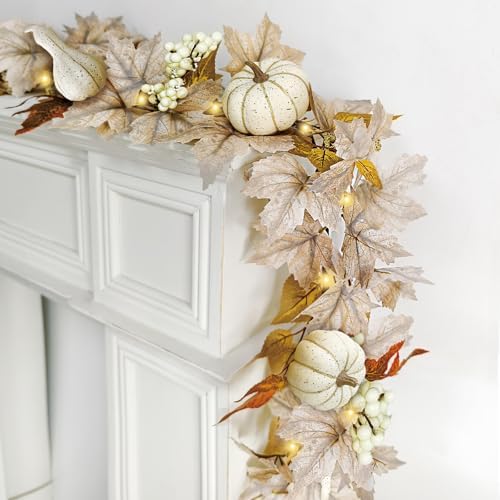 Fall Decorations for Home 6Ft Fall Garland with Lights, Fake Pumpkin Berry Autumn Maple Leaves Garland for Mantle Halloween Thanksgiving Fireplace Harvest Party, Fall Decor Indoor Outdoor Porch Vines by Cherica