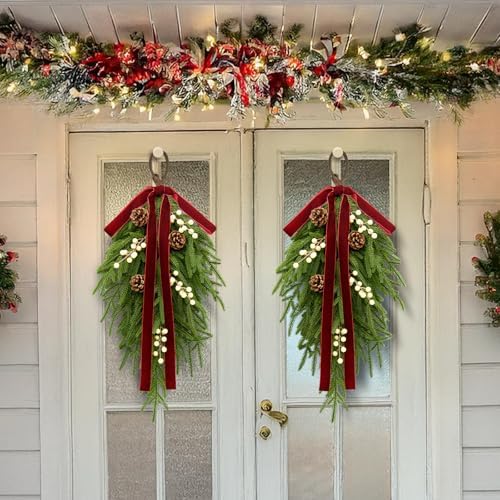 nuvagiki Christmas Teardrop Swag Decorations, 24'' Christmas Teardrop Wreath Artificial Pine Needle Berries Hanging Decor, Red Velvet Bow Swag Decorations for Front Door Mantle Wall Indoor Home Decor - Image 2