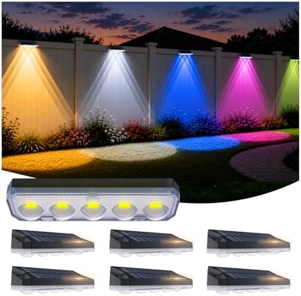 Tenmiro Solar Fence Lights Outdoor 6 Pack, 40 Modes RGB & Cold/Warm White Wall Lights with 5 Lens, IP67 Waterproof Dusk to Dawn Outside Lighs for Backyard, Patio, Yard, Pool, Deck, Railing Decor by Tenmiro