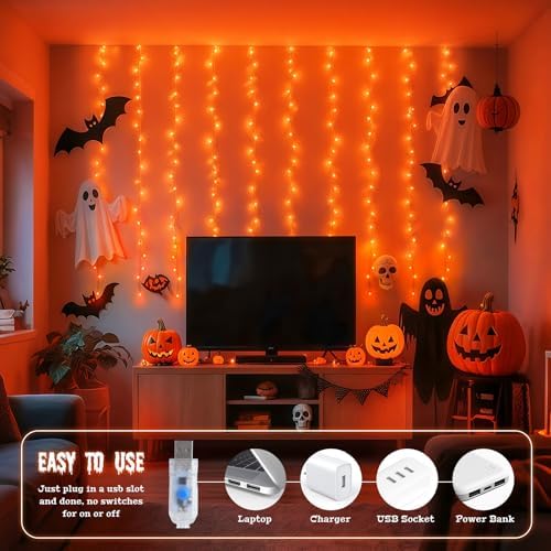 JMEXSUSS Orange Curtain Lights for Halloween, USB Plug in, 200 LED - Image 4