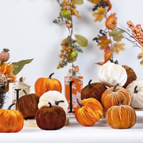 Super Holiday 12PCS Artificial Velvet Pumpkins Decor, 4 Colors Foam Faux Flocked Pumpkins Decoration for Fall Harvest Theme Party Wedding Halloween Thanksgiving Table Decor. - Image 3
