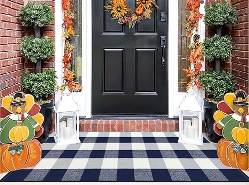Blue and White Outdoor Rug 24"x51"Cotton Washable Outdoor Front Porch Mat by BUAGETUP
