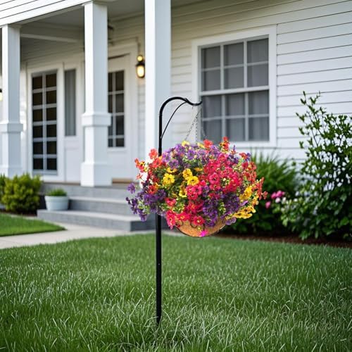 Grunyia Artificial Hanging Flowers Basket with Colorful Silk Daisies & Eucalyptus - UV/Sun-Resistant Plant for Outdoor Porch, Patio, Balcony - Indoor/Outdoor Home Decor - Image 3