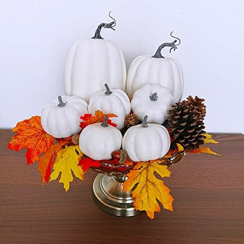 Winlyn 7 Pcs Assorted Sizes Fall Artificial Pumpkins Harvest Pumpkins Faux Foam Pumpkins for Fall Autumn Season Halloween Thanksgiving Harvest Holiday Season Festive Tabletop Decoration (White) - Image 5