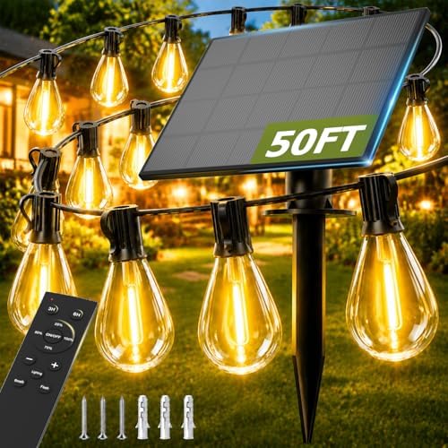 50FT Solar String Lights Outdoor, Dimmable Patio Lights Solar Powered with Remote & USB Port 18+1 LED Shatterproof Bulbs 3 Light Modes, Waterproof Solar Light for Camping Backyard Garden by Unknown