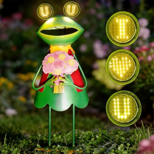HONGLAND Solar Garden Statues 21" Loving Metal Frog Garden Decor Figurine Lights with LED Eyes for Patio, Balcony, Yard Ornament, Birthday Gifts for Women Grandma, Mother's Day by HONGLAND