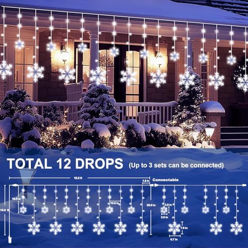 Christmas Snowflake Curtain String Lights, 10.2FT 156LED Icicle Lights for Outside with 12 Drops, 8 Modes Waterproof Connectable Fairy Window Light for Eaves, Garden, Yard, Indoor Outdoor Xmas Decor - Image 2