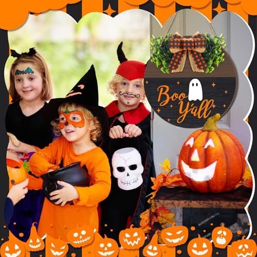 Moucuny Halloween Wreath for Front Door Wooden Boo Ghost Door Sign with Bow - Image 6