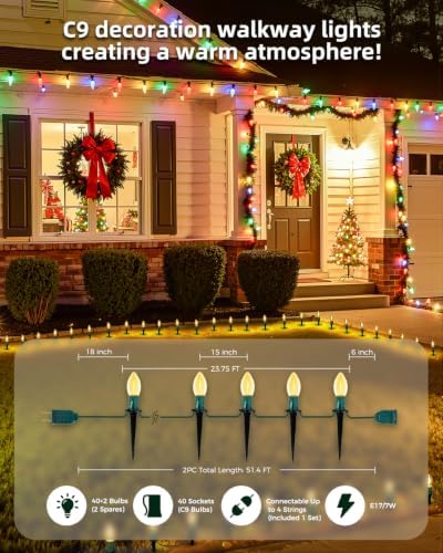 Christmas Pathway Lights Outdoor,51.4 Ft C9 Lights with 40 Warm White Bulbs - Image 3