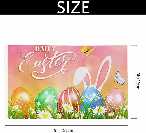 Yekiua Easter Theme Flag 3X5 Ft Outdoor Bunny Ears Butterflies Colorful Eggs Grass Flowers Pink Nature Sun Beams Happy Easter Premium Strongest Longest Lasting Flag Vivid Color With Brass Grommets - Image 2