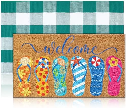 Duraaamo 2 Pcs Flip Flops Coir Doormat Set 16''x28'' Beach Welcome Doormat Outdoor, 24''x35'' Green and White Indoor Outdoor Rug,Summer Coastal Non Slip Front Door Beach Mat for Porch Decor Gift by Duraaamo