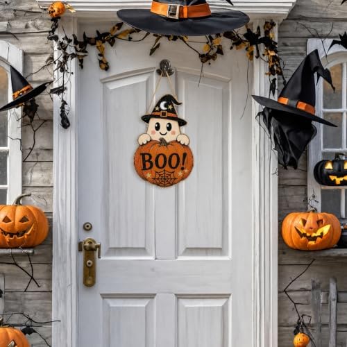Halloween Decoration Door Sign Wooden Witch Hat Ghost Boo Pumpkin Hanging - Image 4