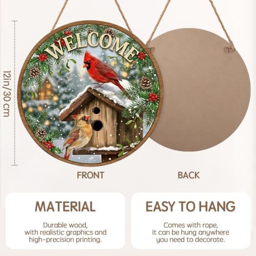 Winter Welcome Sign for Front Door Decor Christmas Snowflake Cardinal Round Outdoor Hanging Wooden Door Sign for Porch Xmas Bird Farmhouse Wreath Hanger Sign for Outside Indoor Wall Decoration 12"X12" - Image 2