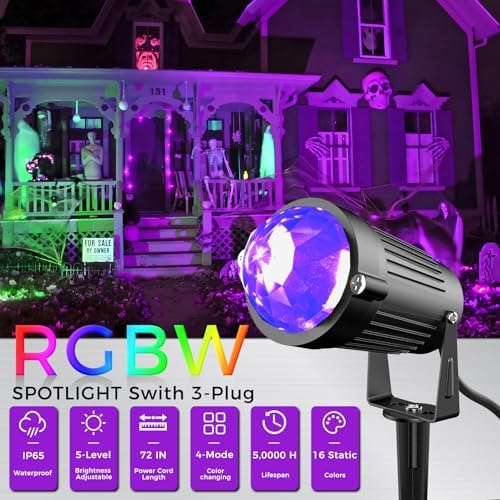 Halloween Christmas LED Spot Lights Outdoor Black Light Projector, 12W Color Changing Landscape Lighting Wired 120V IP65 Waterproof Outdoor Spotlight for Glow Party Garden Yard Indoor Decor(4Pack) - Image 3