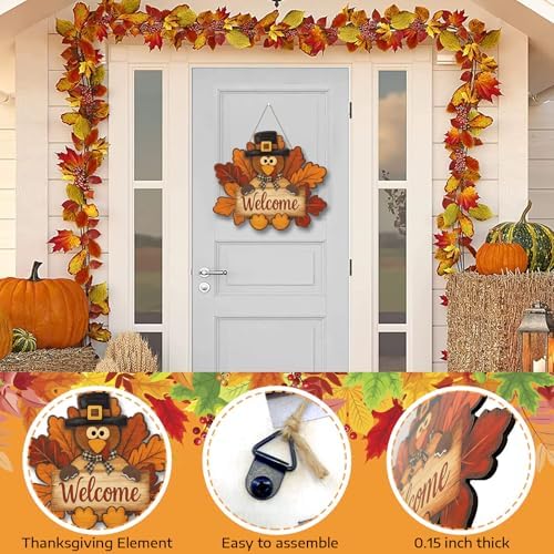 Thanksgiving Turkey Door Sign Turkey Wooden Door Hanger Fall Autumn Welcome Wreath for Front Door Turkey Maple Leaf Door Wreath for Thanksgiving Harvest Porch Windows Indoor Outdoor Decor - Image 3