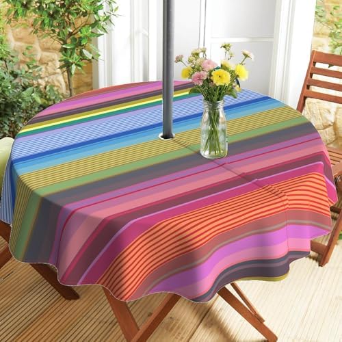 Outdoor Tablecloth with Umbrella Hole and Zipper, Round Patio Table Covers for Spring/Summer, Machine Washable Outdoor Picnic Table Cloth (Stripes, 60" Round) by Virtumob