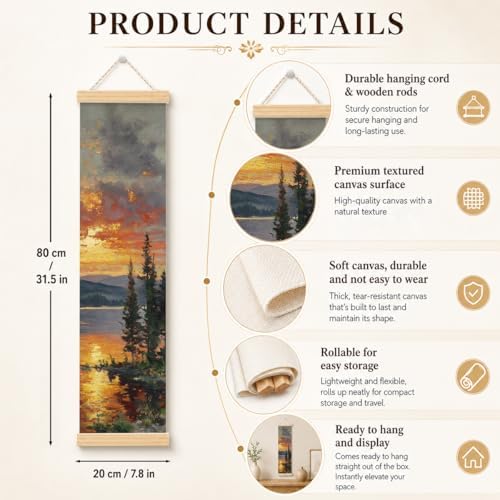 Lake Sunset Porch Decor Banner, 31.5 x 7.8 Inch Canvas Hanging Banner with Wooden Rods, Mountain Pine Landscape Wall Accent for Cabin Entryway, Patio, Indoor Outdoor Display - Image 2