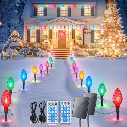 Minetom 2 Pack Solar Double C9 Strawberry Christmas Pathway Lights Outdoor -Total 32FT 20 LED C9 Christmas Lights Outdoor with Timer,8 Modes, Solar Christma Outside Decorations for Lawn, Multicolor by Minetom