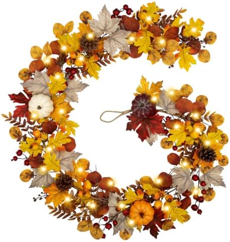 6FT Fall Garland with Lights Pumpkins Pinecones for Mantle, Table, Porch by VillaComo