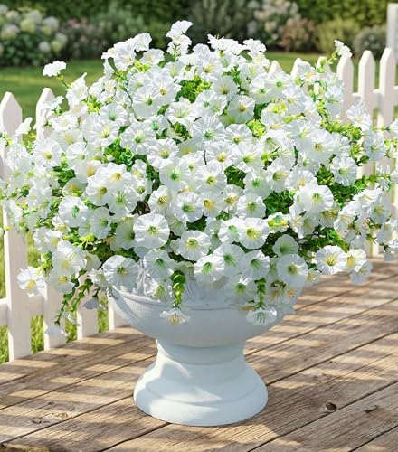 Artificial Flowers Fake Plants for Outdoors Decoration, 12 Bundles White Silk Morning Glory with Eucalyptus Realistic UV Resistant Faux Flowers for Outside Planter Porch Yard Patio Garden Home Indoor by Ivydale