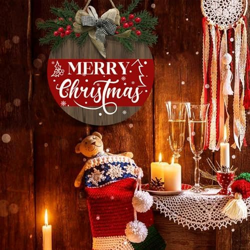 Xmas Door Wreath Hanger Wooden Welcome Door Sign for Front Door Winter Holiday Outdoor Hanging Sign with Bow Farmhouse Indoors Wall Sign Christma Decorations - Image 5