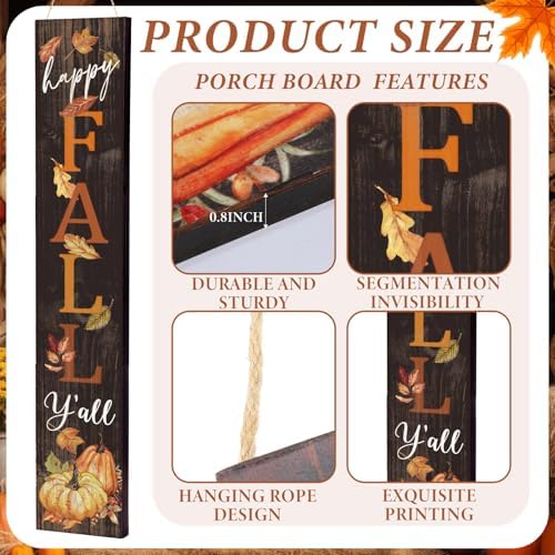 Farmhouse Fall Porch Signs Outdoor 47" Wooden Happy Fall Porch Decorations for Home Large Maple Pumpkin Autumn Vertical Sign Outside Thanksgiving Decoration for Autumn Party Decor Home - Image 2