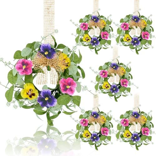 6 PCS Summer Floral Wreaths for Kitchen Cabinet Artificial Pansy Flowers Wreaths with Fern Branches Flocked Lamb Ear Leaves Mini Wreath Spring Floral Small Wreath for Table Centerpiece Farmhouse Decor by Unknown