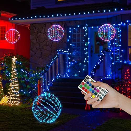 Christmas Ball Light Sphere, 12IN 96LED Hanging Tree & Pathway Lights [Foldable Metal Frame, UL Listed] - White, RGB - Image 7