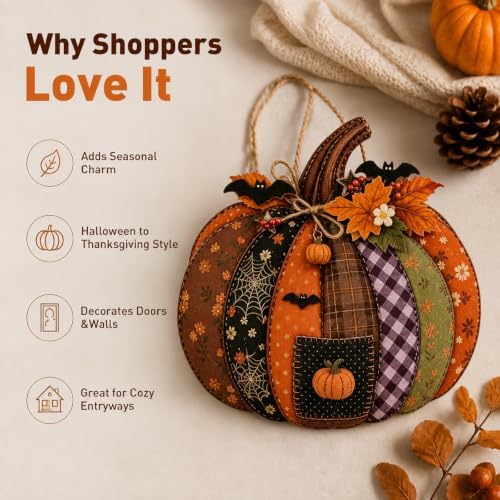 Autumn Retro Patchwork Pumpkin Door Hanging with Lights，E - Image 4