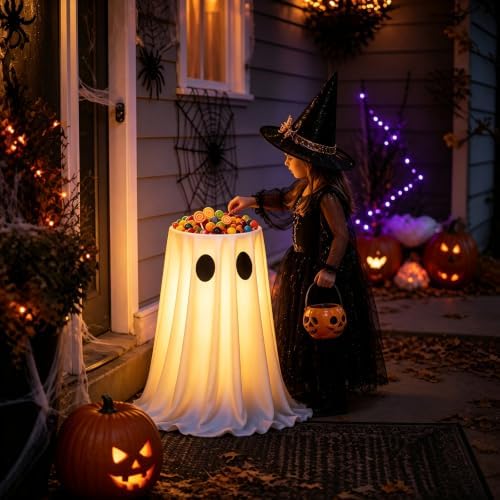 USB Powered Halloween Ghost Candy Bowl Stand w/ 8-Mode Remote LED Lights - Image 5