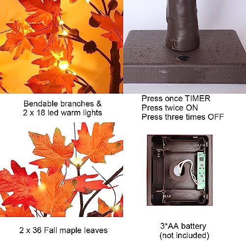 YEAHOME Fall Decorations for Home, 2 Pack 24”/2FT Lighted Fall Maple Leaves Tree with Warm White LEDs Autumn Decor, Pine Cone, Acorn Ornaments Battery Powered Timer for Thanksgiving - Image 4