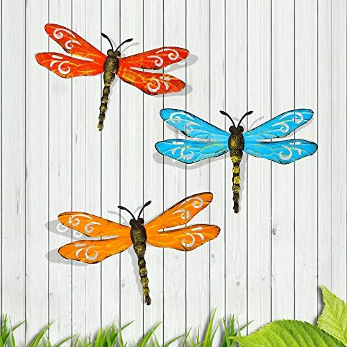 Metal Dragonfly Wall Decor Outdoor Garden Fence Art,Hanging Decorations for Living Room, Bedroom, 3 Pack by Scwhousi