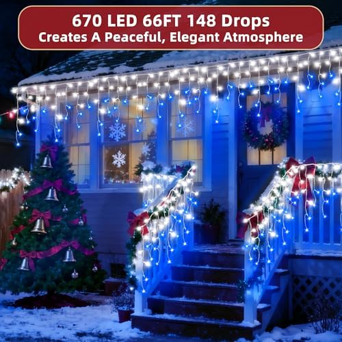670 LED 66ft Christmas Lights with 148 Drops, 12 Lighting Modes Blue & White Christmas Decoration Twinkling Lights Dimmable, Timer Outdoor Waterproof Fairy Lights for Indoor Garden House Eaves Roof - Image 2