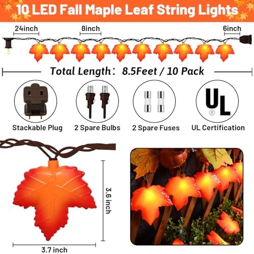 Fall Decor Maple Leaf String Lights, 8.5Ft Fall String Lights Plug In with 10 LED Orange Leaves Lights, Thanksgiving Lights Indoor Outdoor for Autumn Home Fireplace Harvest Thanksgiving Decorations - Image 2