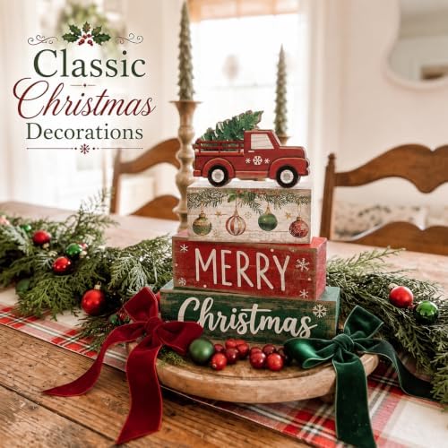 Lineshading 4 Pcs Christmas Table Decor, Red Truck Tree Block Sign Home - Image 3