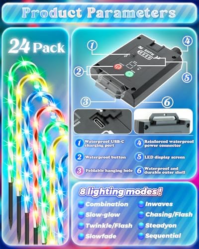 Anordsem Solar Christmas Decorations Outdoor: 21" Candy Cane Stake Lights 24 Pack - Waterproof LED 8 Colorful Lighting Models for Yard Pathway Xmas Tree Decor - 2026 New Year Gifts for Homeowners - Image 2