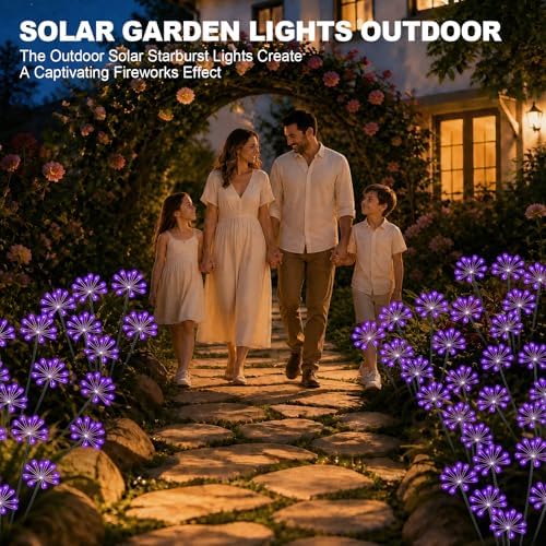 Solar Garden Lights Outdoor, Upgraded Solar Swaying Starburst Light Waterproof with 2 Modes, Solar Fairy Firework Lights for Yard Patio Pathway Flowerbed Balcony Garden Decoration (Purple, 2 Pack) - Image 2