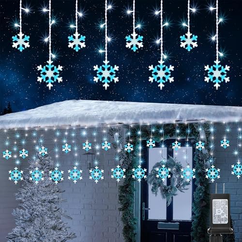 Christmas Snowflake Lights, 10.66ft 168 LED Icicle Lights Outdoor with 14 Drops, 8 Modes Waterproof Connectable Christmas Light for Eaves Wedding Garden Yard Indoor Xmas Decor (White & Icicle Blue) by Jnaurb