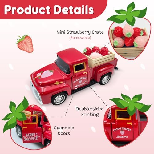 Strawberry Decor Red Vintage Truck with Mini Strawberries and Wooden Crate - Image 3