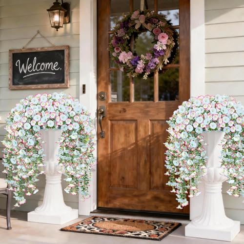 Artificial Hanging Flowers for Outdoors, 2 PCS 300 Blooms UV Resistant Morning Glory Faux Silk Vines, No-Odor Realistic Fake Plants for Garden Planter Porch Patio Decoration, Blue & White - Image 5