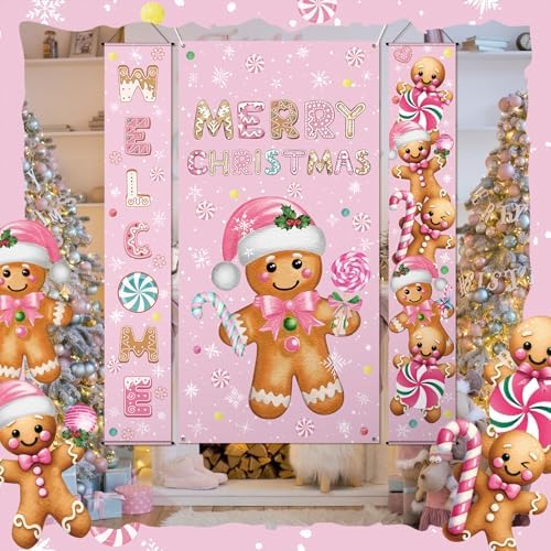 Oudain 3 Pack Christmas Pink Gingerbread Christmas Door Porch Banner - Image 5