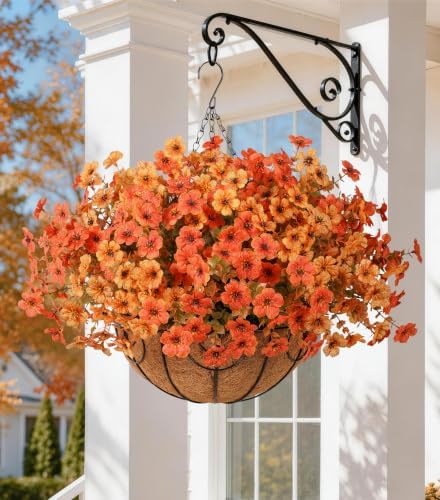 HyeFlora 2 Set Artificial Outdoor Faux Fall Mums Hanging Flowers Plants Basket Outside, 14 Bundles Fake Silk Daisy Fern in Planter UV Resistant for Autumn Porch Balcony Patio Yard Decor, Orange Yellow - Image 7