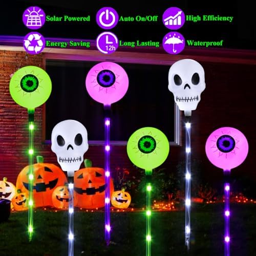 Halloween Decorations Outdoor Solar Garden Lights,6 Pack Scary Eyeball Skull Outside Decor,8 Modes Solar Halloween Lights for House Grave Patio Yard Lawn Pathway Halloween Party Ghost Decor - Image 3
