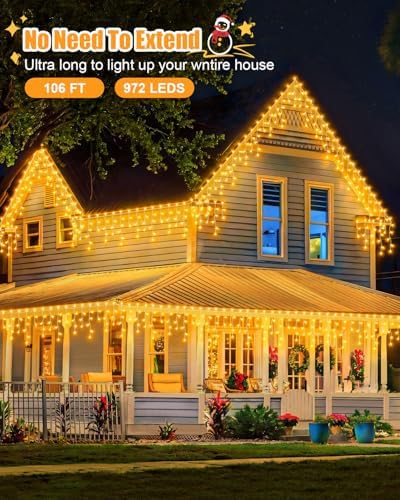 106 FT Christmas Lights Outdoor, 972 LED Waterproof Outside Christmas Lights Plug in, Connectable 8 Modes Hanging Fairy Lights with 216 Drops for House Eaves Yard Patio Wedding Decoration, Warm White - Image 2