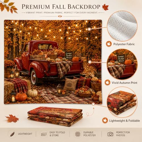 Fall Thanksgiving Garage Door Decoration 8x7Ft Vintage Red Truck Pumpkin Maple Leaf Background Banner Autumn Harvest Thanksgiving Garage Door Decorations for Home Outdoor Party Decor - Image 3