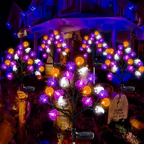 Halloween Decorations Outdoor Solar Lights, 2 Pack Halloween Lights Outdoor Solar Lights Waterproof with 20 LED Ghosts Bats Spiders Pumpkin Light, 8 Modes Solar Pathway Lights for Halloween's Decor - Image 4